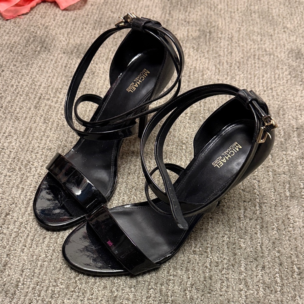 Michael Kors Black Patent Leather Strappy Ankle-Heel Sandals